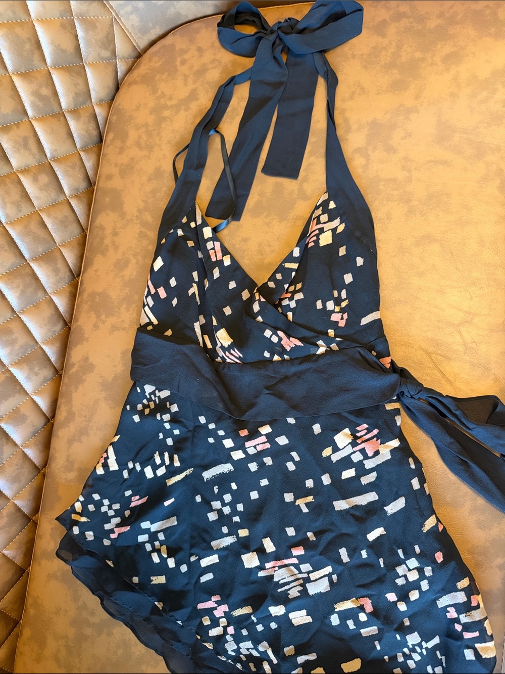 Navy Halter Top with Abstract Accent Print